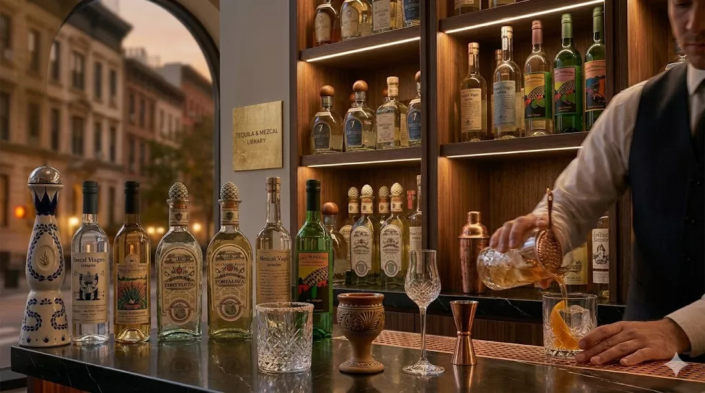 A bartender serving extra añejo tequila neat at the Rosa Mexicano bar.