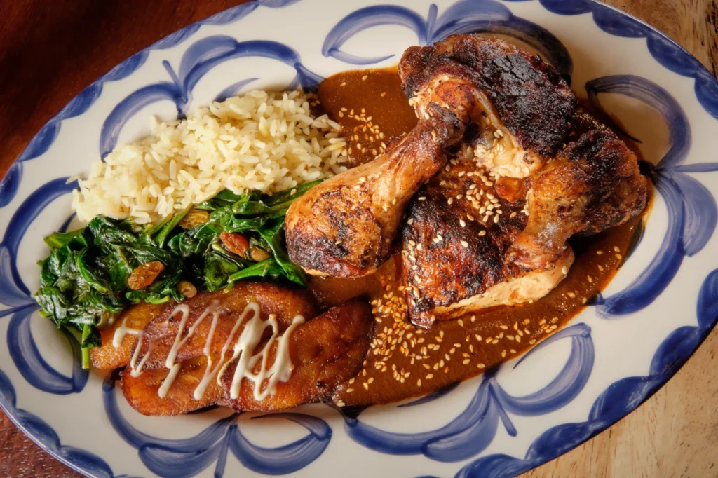A white and blue patterened plate on a table, with grilled chicken, vegetables smothred in a Mexican mole sause