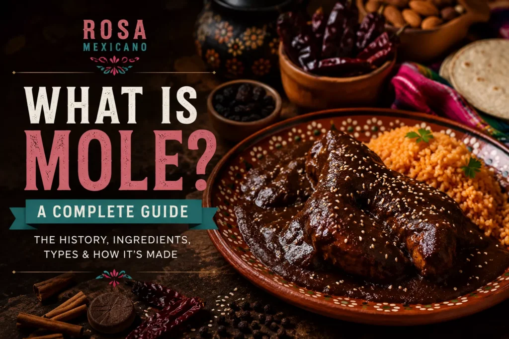 Traditional Mexican chicken mole topped with sesame seeds, served with rice and tortillas alongside dried chiles and spices, illustrating the history and ingredients of authentic mole sauce.