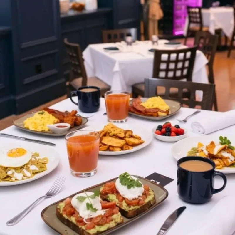 a dining table at Rosa Mexicano at The Empire Hotel NC showing a white table cloth and plates of waffles, eggs and other breakfast items