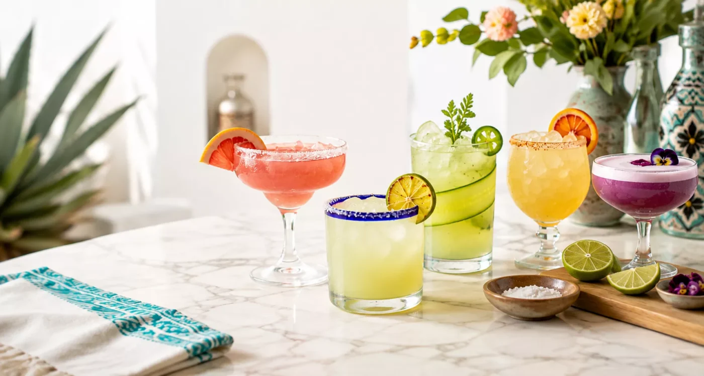 Rosa Mexicano signature cocktails: a pink pomegranate margarita and a classic margarita on a sunlit table