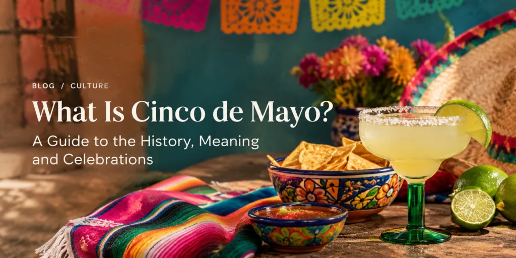 A table with a absket of tortilla chips, a margarita, and title Cinco de Mayo