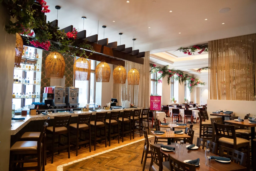 A long view of the interior of the party room at Rosa Mexicano at Lincoln Center