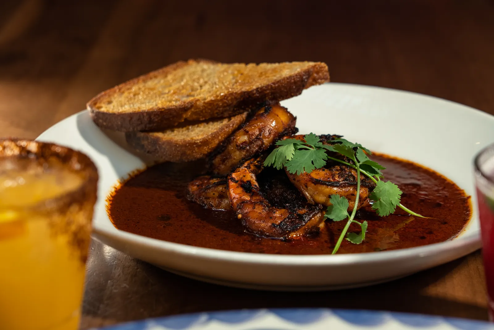 Camarones al Guajillo, chile-marinated grilled shrimp with toast points, from the Rosa Mexicano fall menu